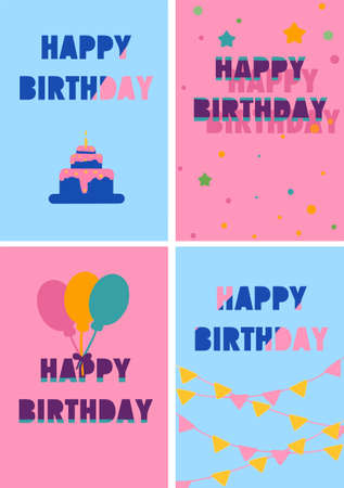 Set of illustrations for birthday greeting cards, balloons, gifts, lettering in blue, pink, yellow colors. Birthday invitations, birthday banners, birthday celebration materials in vectorのイラスト素材