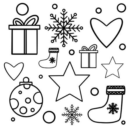 Set of black and white icons of Christmas and New Year. Vector illustrations for greeting cards, website designs, gift tags, and marketing materials.のイラスト素材