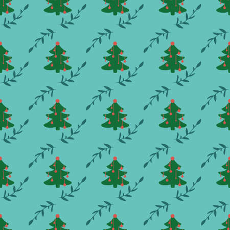 Christmas with cute Christmas trees, Christmas decorations and a tree branch.Colorful pattern design for web, print, gift paper. Hand drawn vector illustration on a green background in red, birch color.のイラスト素材