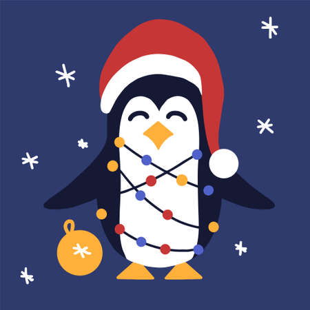 Christmas illustration with cute penguin with toy, snow and santa claus hat. Vector design for print, social media banner, marketing materials, social media, mobile appsのイラスト素材