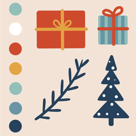 Christmas illustration with a Christmas tree, gifts, a branch of a tree, elements. Vector banner for social media, postcards, marketing materials, textures, social media, mobile applications.のイラスト素材