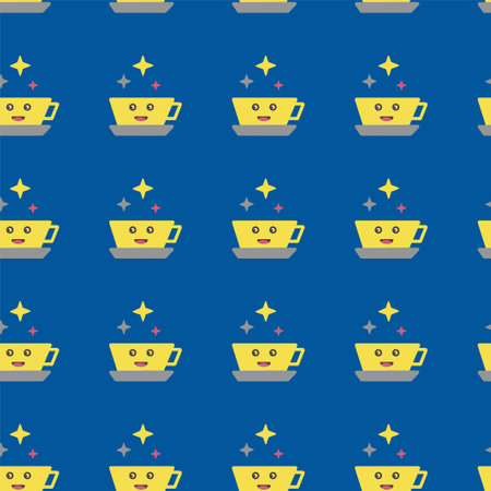 Vector pattern with a cute cup on a blue monochrome background. Suitable for printing, gift paper, notebook covers, mobile apps, promotional materials.のイラスト素材