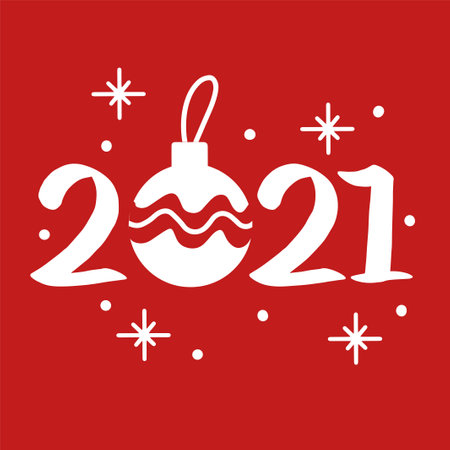 Happy New Year 2021 and Merry Christmas. Vector illustration with a toy and snow in white and red.のイラスト素材