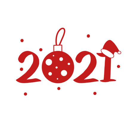 Happy New Year 2021 and Merry Christmas. Vector illustration with a hat and a toy in white and red.のイラスト素材