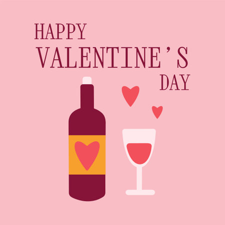 Happy Valentine's Day, February 14th. Vector card with text, with a bottle of a drink and a glass, hearts on a light pink solid background.のイラスト素材