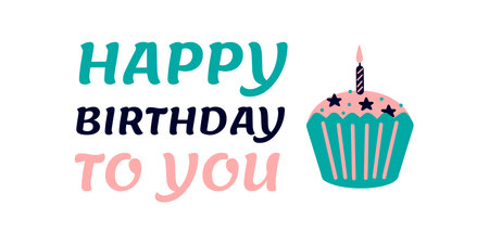 Happy birthday banner. Vector illustration with a cupcake in pastel colors on a white monochrome background.のイラスト素材
