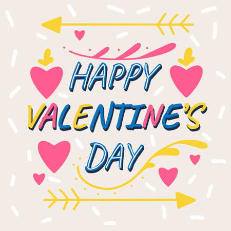 Postcard Happy Valentine's Day. Vector illustration with a balloon, hearts and text on a solid background.のイラスト素材