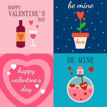 Set of cards Happy Valentine's Day, February 14. Vector illustration with hearts, jar, lettering, in bright colors.のイラスト素材