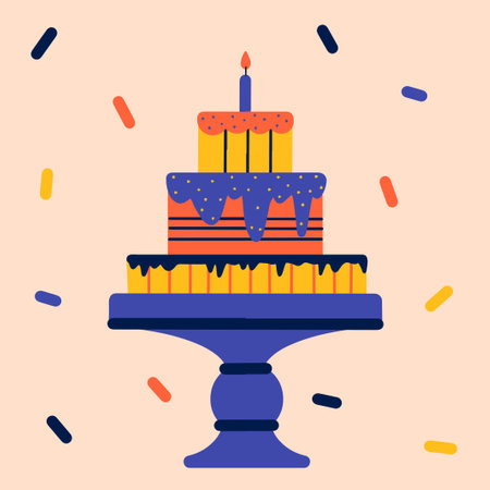 Birthday card. Vector illustration with cake on a light background.