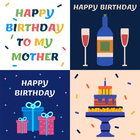 Happy birthday card set. Vector illustration with text, cake, gifts, drinks on a solid background.のイラスト素材