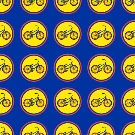 Bike rental pattern. Vector illustration with bicycles in a circle, on a solid bright blue background. Suitable for social media, mobile apps, marketing materials.のイラスト素材