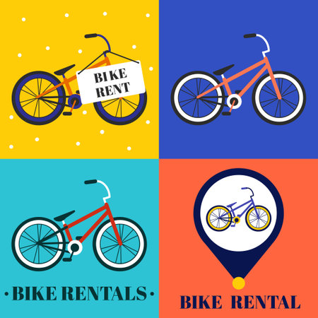 Bike rental set. Vector illustration with bicycles, text, on a solid background. Suitable for social media, mobile apps, marketing materials.のイラスト素材