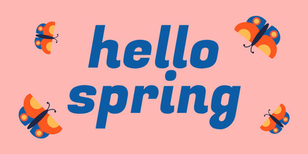 Hello spring banner. Vector illustration with butterflies on a solid pink background. Suitable for...