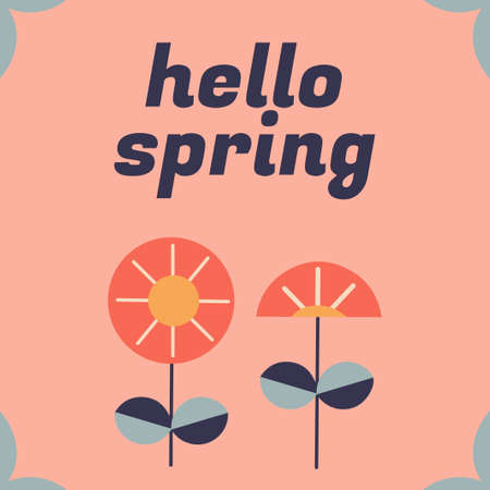 Hello spring postcard. Vector illustration with flowers and text on a monochrome pink background....
