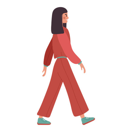 The girl in the red suit is walking. woman on the move. Vector square illustration.のイラスト素材