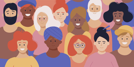 Multiracial and multicultural group of people, crowd. Happy people standing together of different...