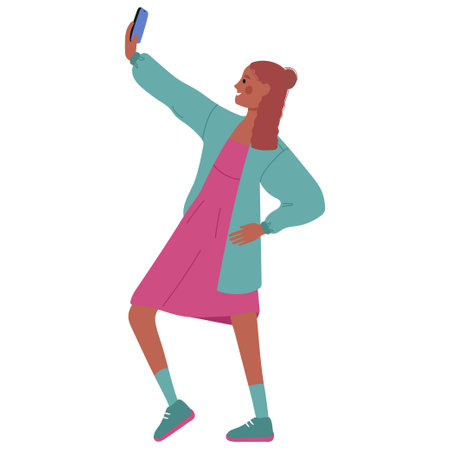 A dark-skinned girl, a woman in a dress and a jacket, takes a selfie, holding a phone in her hand. vector illustrationのイラスト素材