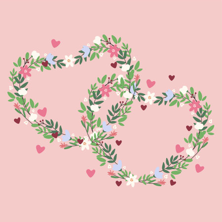 Happy Valentine's Day greeting card. Square template with flowers in the form of two hearts. Suitable for social media posts, banner design, advertising. Vector illustrations on a pastel background.のイラスト素材