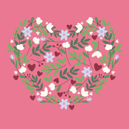 Happy Valentine's Day greeting card. Square template with flowers in the form of a heart. Suitable for social media posts, mobile applications, banner design. Vector illustration on a pink background.のイラスト素材