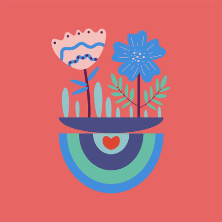 Postcard Happy Valentine's Day, invitations, declaration of love. Square template with flowers, rainbow, heart, in vibrant colors. vector illustration.のイラスト素材