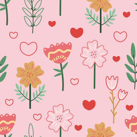 Floral seamless pattern. Vector design with flowers, suitable for Valentine's Day, for paper, cover, fabric, indoor decor and other uses. Vector illustration on a pink background.のイラスト素材