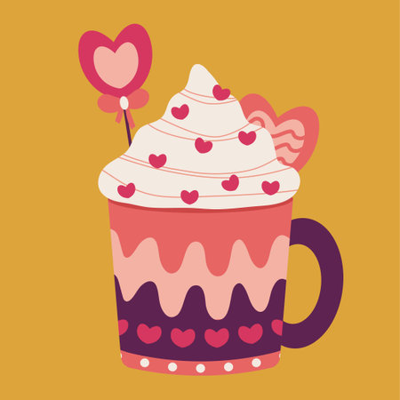 Square postcard template with mug, cream, hearts. Suitable for Valentine's Day, invitations, declarations of love. Vector illustration on a yellow background.のイラスト素材