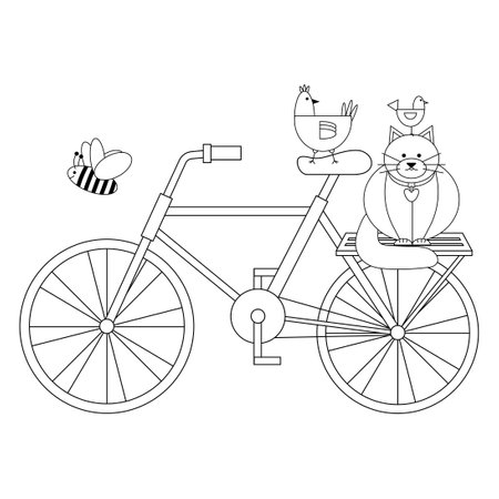 Fat cat with a small bird on his head, with a chicken and a bee on a bicycle black line drawing, doodle isolated on a white background.のイラスト素材
