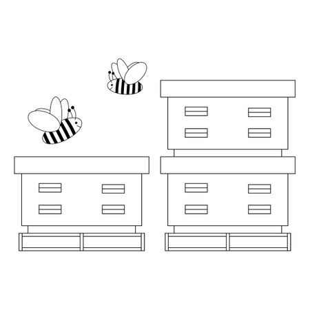 Beehive with bees, black line drawing, doodle isolated on white background.