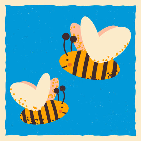 Lovely bees, character. Square template in grunge style. Vector illustration on an orange background.のイラスト素材