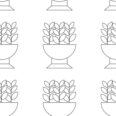 Pattern on the theme of plants. Square pattern with plants in a flowerpot, a flowerbed. Vector linear illustration in black and white colors.のイラスト素材