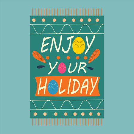 Enjoy your holidays text on a rug with ornament and eggs. Color vector illustration on a blue background.のイラスト素材