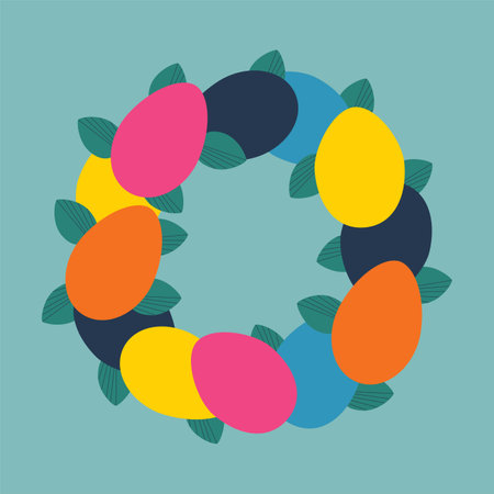 Wreath with Easter eggs and leaves. Color vector illustration on a blue background.のイラスト素材