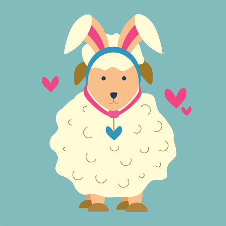 A sheep with ears of a rabbit, a hare, on the theme of Easter. Color vector illustration on a blue background.のイラスト素材