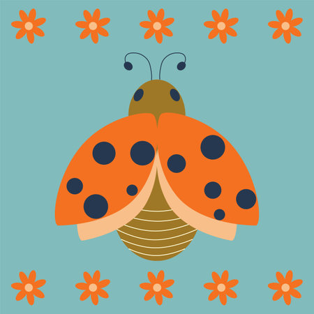 Ladybug with floral ornament. Color vector illustration on a blue background.のイラスト素材