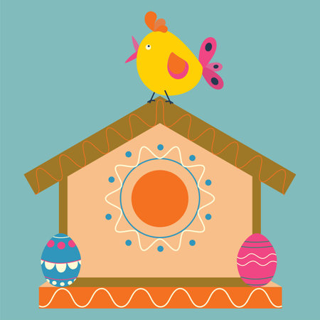 Bird feeder, birdhouse, with Easter eggs with ornament, bird, chicken. Color vector illustration on a blue background.のイラスト素材