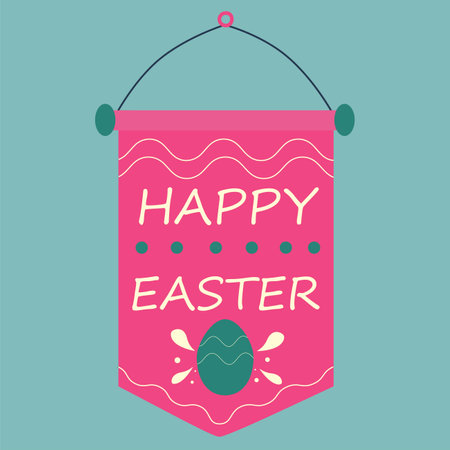 Happy Easter text on a hanging picture with egg and ornament. Color vector illustration on a blue background.のイラスト素材