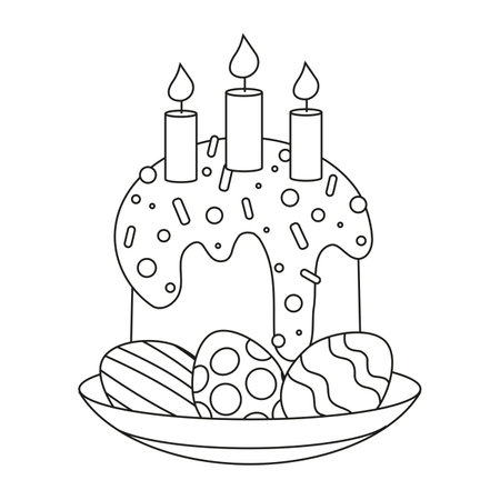 Easter eggs on a plate with an Easter cupcake and candles. line art. Vector illustration on a white...