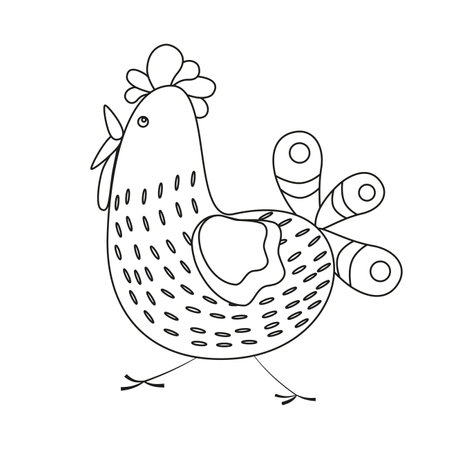 A bird, a funny chicken with an ornament on the tail. line art. Vector illustration on a white background.のイラスト素材