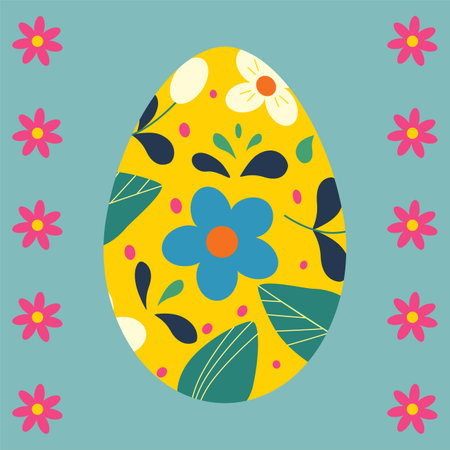 Easter egg with floral patterns and flower ornament on the edges. Color vector illustration on a blue background.のイラスト素材