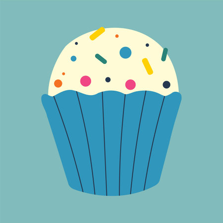 Cupcake with sweet sprinkles. Color vector illustration on a blue background.のイラスト素材