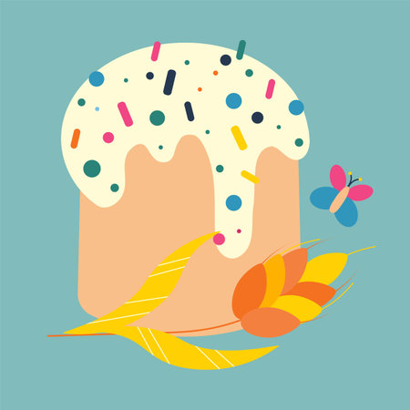 Easter cupcake with sweet sprinkles. Color vector illustration on a blue background.