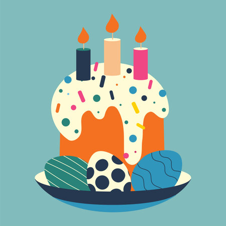 Easter eggs on a plate with an Easter cupcake and candles. Color vector illustration on a blue background.のイラスト素材