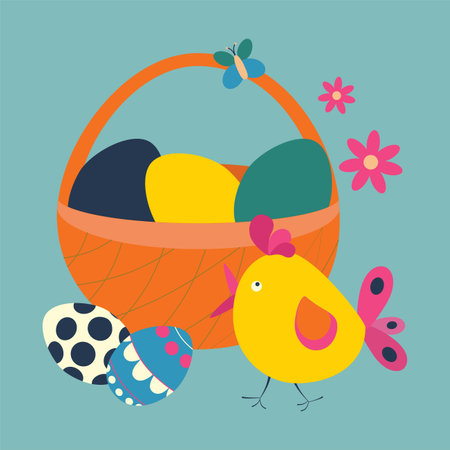 Easter basket with eggs, butterfly and bird, chicken. Color vector illustration on a blue background.のイラスト素材