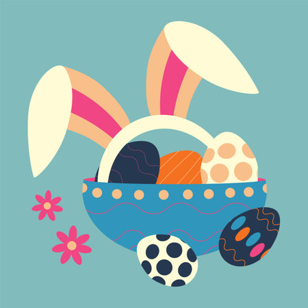 Easter eggs with ornaments on a plate, and with rabbit ears. Color vector illustration on a blue background.のイラスト素材