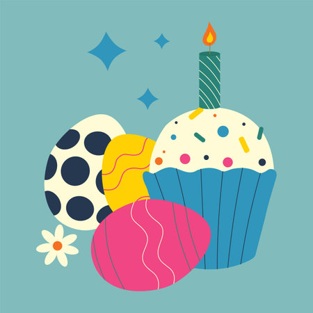 Easter cupcake with cream, candles and sweet sprinkles, eggs with ornament. Color vector illustration on a blue background.のイラスト素材