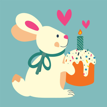 Easter bunny with a cupcake with sweet sprinkles and a candle. Color vector illustration on a blue background.のイラスト素材