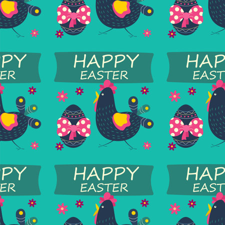 Easter pattern with eggs, bow, text, chicken, flowers. Color vector illustration on a green background.のイラスト素材