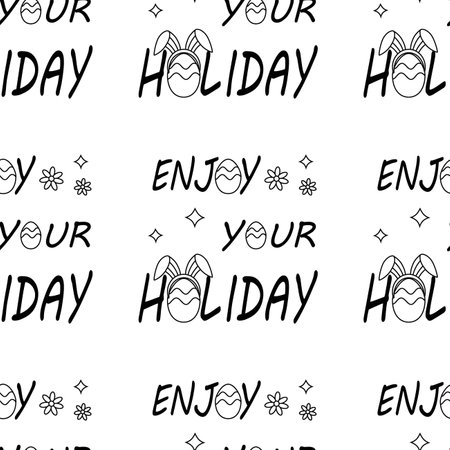 Easter pattern with text enjoy your holidays, bunny ears, eggs. line art. vector illustration.のイラスト素材