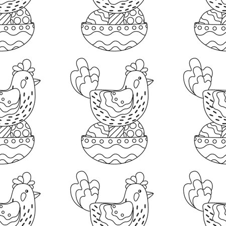 Easter pattern with a plate with eggs and a chicken sitting on eggs. line art. vector illustration.のイラスト素材
