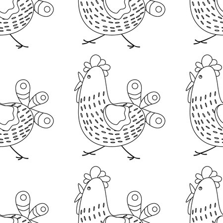 Easter pattern with funny chicken, bird with ornament. line art. vector illustration.のイラスト素材